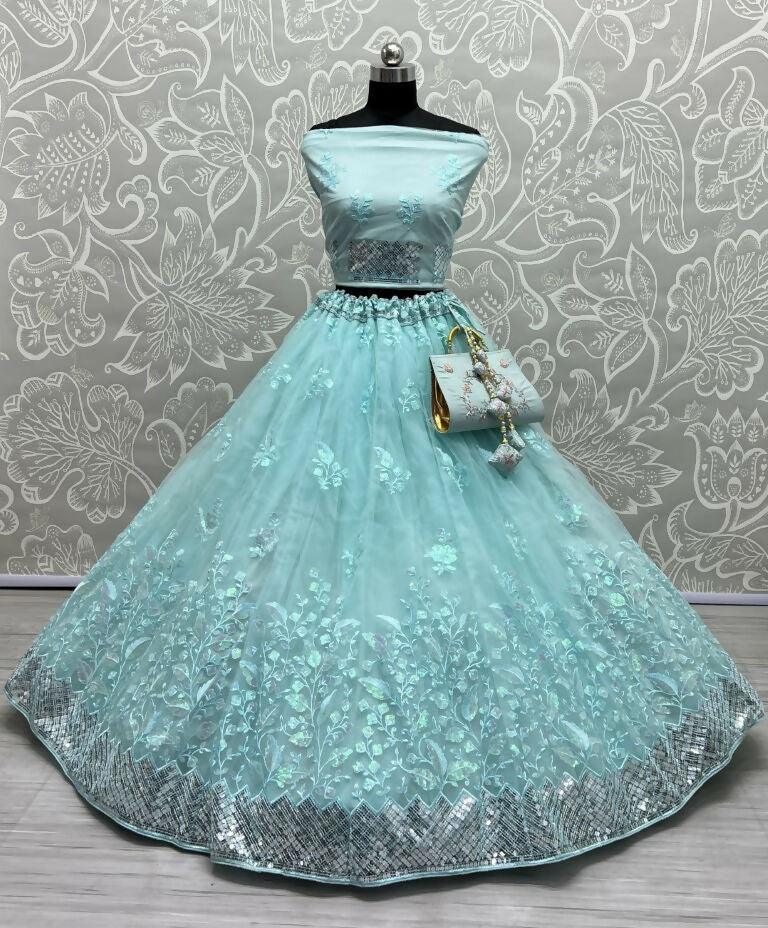 Jyoti Fashion Women's Sky Blue Bridal Net Fancy Sequins with Multi Thread Embroidered Wedding Lehenga Choli