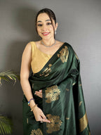 Joban Fashion Bottle Green Motifs Zari Weaving Soft Silk Banarasi Saree