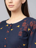 Yufta Women Navy Blue & Orange Quirky Printed Maxi Dress