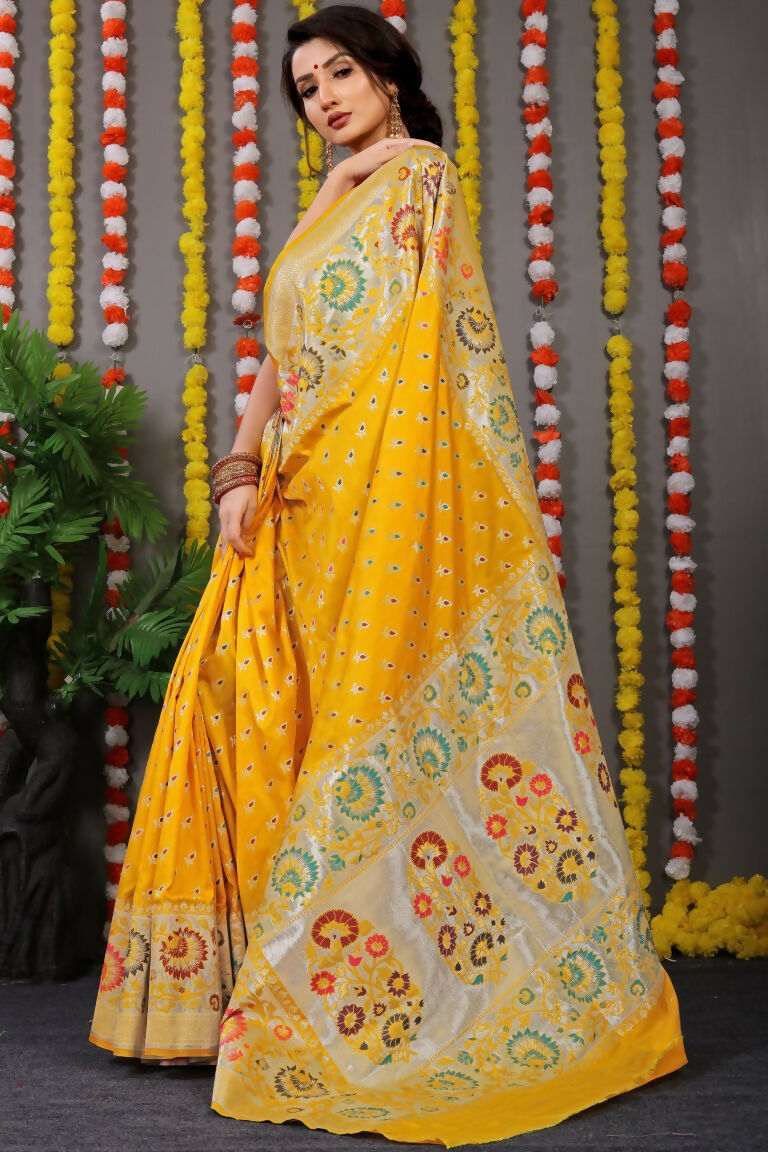 Jyoti Fashion Women's Yellow Banarasi Silk Zari Woven Saree with Blouse