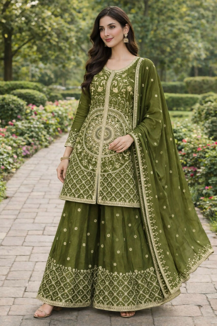 Teeya Creation Green Color Chinon Silk Wedding Wear Trending Palazzo Set - Distacart