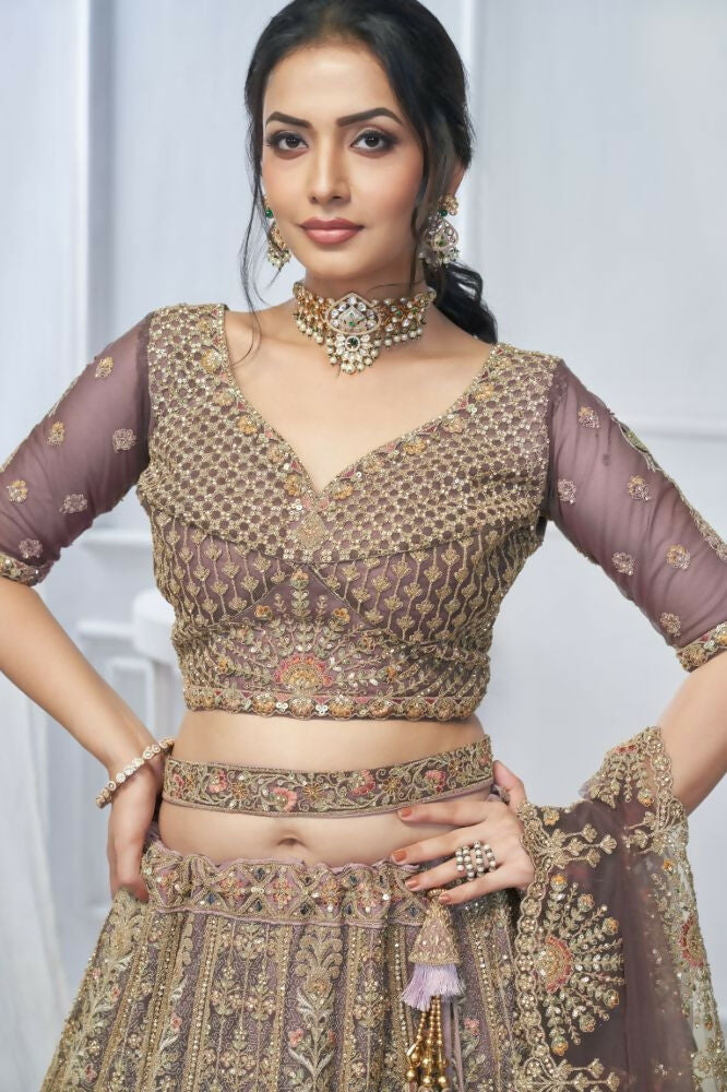 Kesar Fab Purple Net Embroidered Lehenga