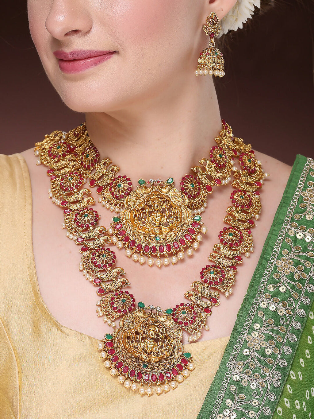 NVR Women's Set of 2 Gold-Polished Green & Pink Stone Studded Peacock & Lakshmi Design Temple Jewellery Set