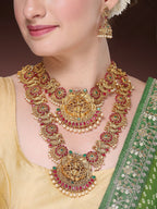 NVR Women's Set of 2 Gold-Polished Green & Pink Stone Studded Peacock & Lakshmi Design Temple Jewellery Set
