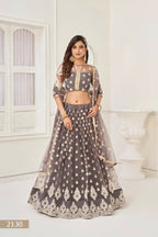 Aastha Fashion Space Gray Butterfly Net White Cotton Thread Work And Sequence Work Embroidery Wedding Wear Lehenga Choli