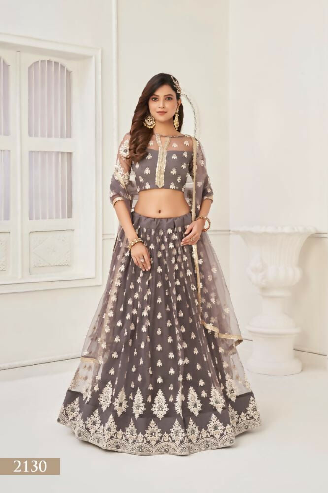 Aastha Fashion Space Gray Butterfly Net White Cotton Thread Work And Sequence Work Embroidery Wedding Wear Lehenga Choli