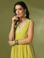 Myshka Women's Yellow Solid Georgette Anarkali Party Kurta Set