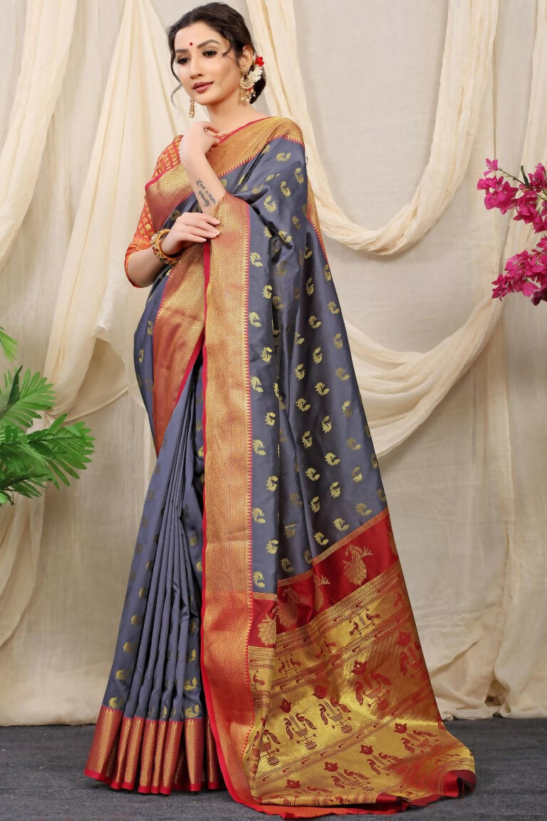 Jyoti Fashion Women's Grey Banarasi Silk Zari Woven Saree with Blouse