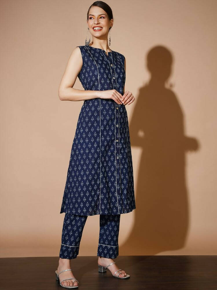 Myshka Women Blue Printed Kurta & Trousers - Distacart