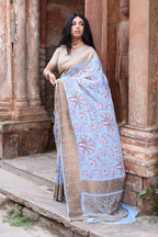 Joban Fashion Light Blue Crepe Chiffon Pure Handloom Banarasi Silk Saree