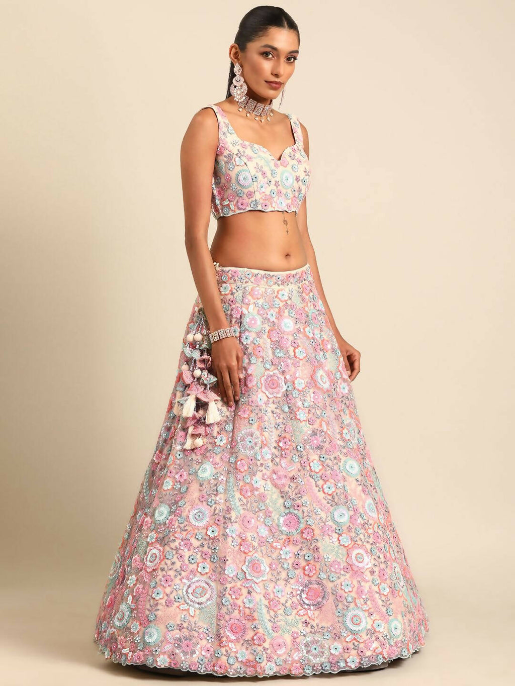House of Panchhi Cream Net Sequins, Mirror and thread embroidery Lehenga choli & Dupatta