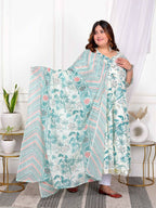 Miravan Women's Plus Size Light Green Cotton Birds And Leaf Floral Printed And Lace Border Details Anarkali Kurta And Dupatta Set