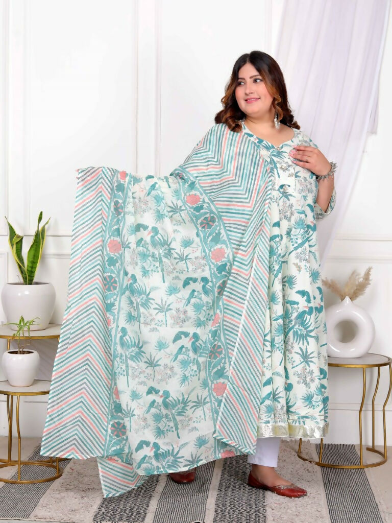 Miravan Women's Plus Size Light Green Cotton Birds And Leaf Floral Printed And Lace Border Details Anarkali Kurta And Dupatta Set