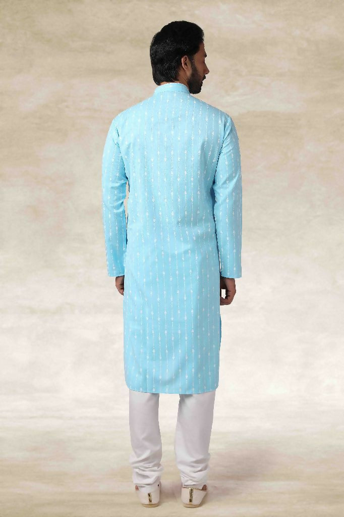 Raivat Ethnic Cotton Printed Work Kurta Pajama In Sky Blue Colour