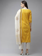 Yufta Women Mustard Yellow Ethnic Motifs Pure Cotton Kurta with Trouser & With Dupatta