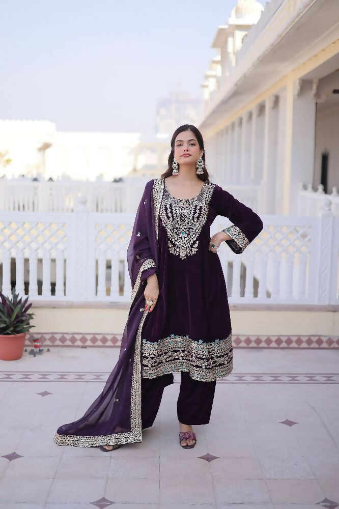 Joban Fashion Wine Kurta Set Velvet Sequins , Zari, Coding & Thread Embroidered work - Distacart