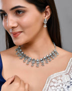 VOJ Silver Plated Oxidized Kalash Shaped Choker with Earring Set