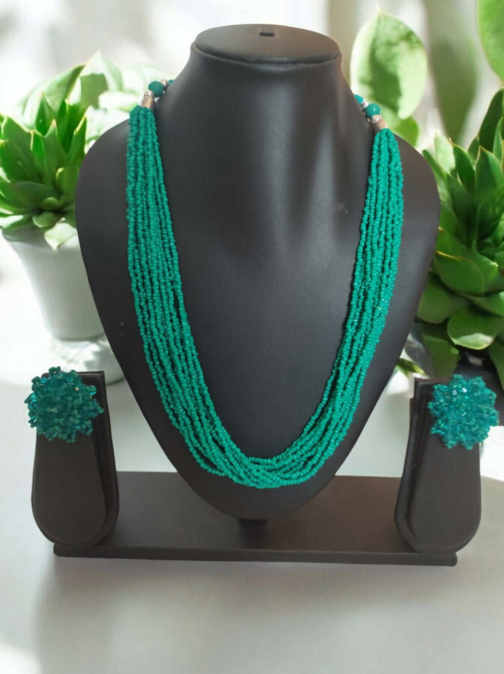 Inhanns Bloom Handmade Beaded Necklace With Earrings - 12 Layers - Sea Green Necklace Set
