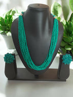 Inhanns Bloom Handmade Beaded Necklace With Earrings - 12 Layers - Sea Green Necklace Set