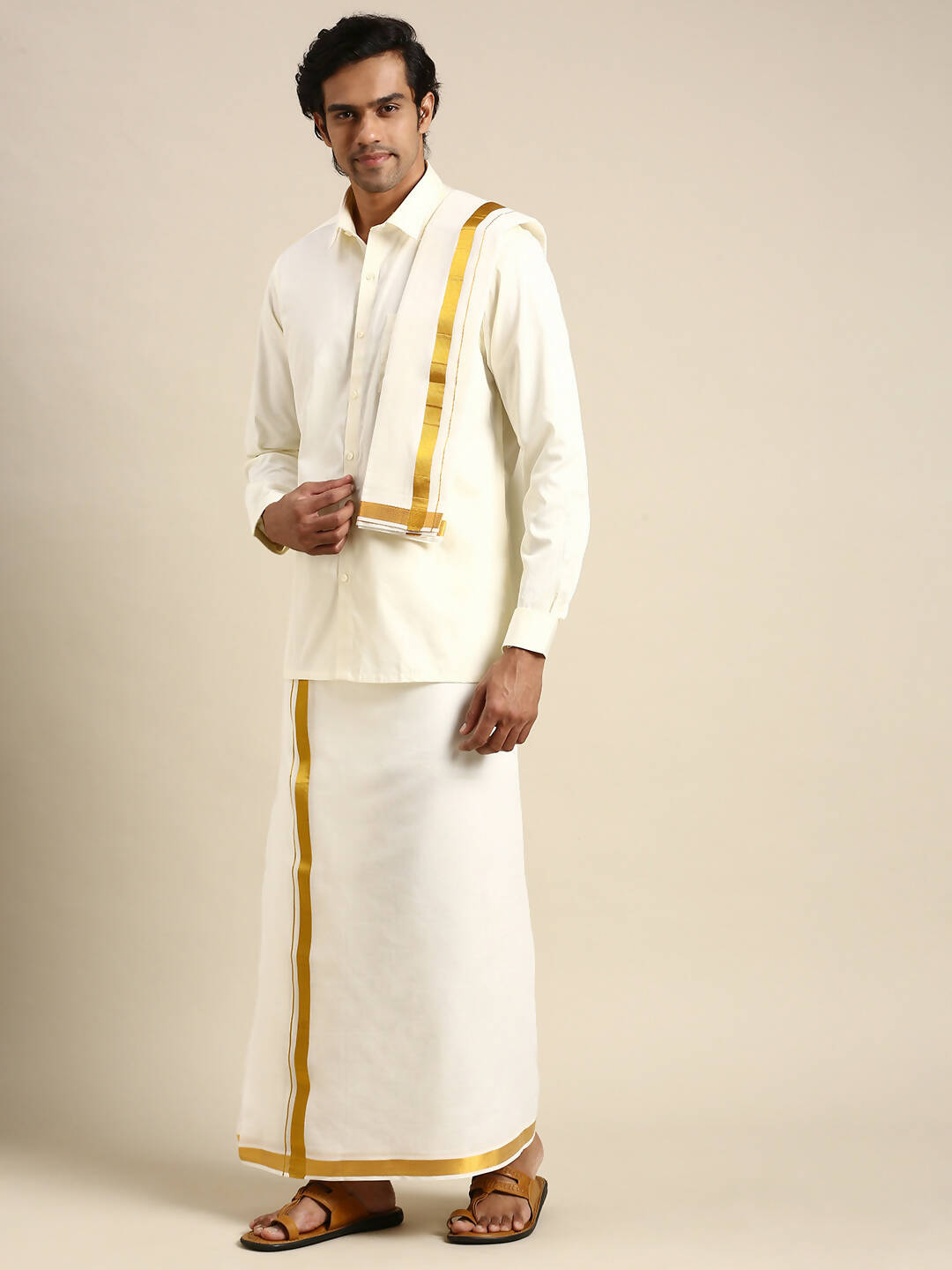Ramraj Cotton Mens Wedding Cream Regular Dhoti, Shirt & Towel Set Subhakalyan 1/2"