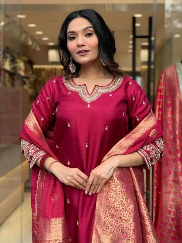The52 Maroon Beautiful Embroidered Viscose Chanderi Fabric Straight Kurta Pant with Dupatta Set - Distacart