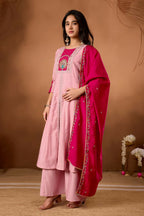 Lehenga Mart Designer Front-Slit Kurta, Paired With Wide-Leg Palazzo Pants And A Dupatta.-Rose Pink - Distacart