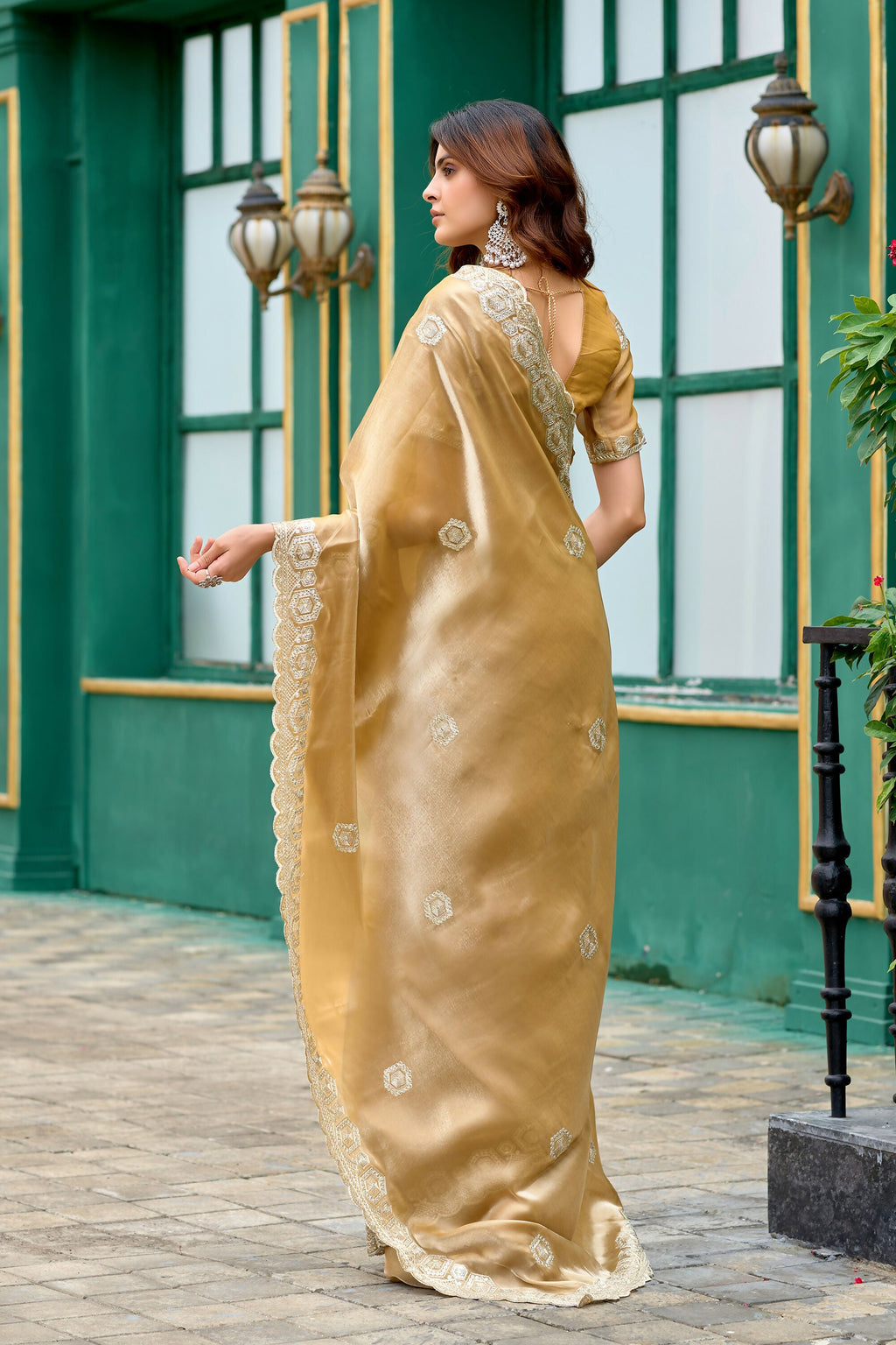 Vastranavya Beige Embroidery Work Shimmer Chiffon Saree with Unstitched Blouse - Distacart