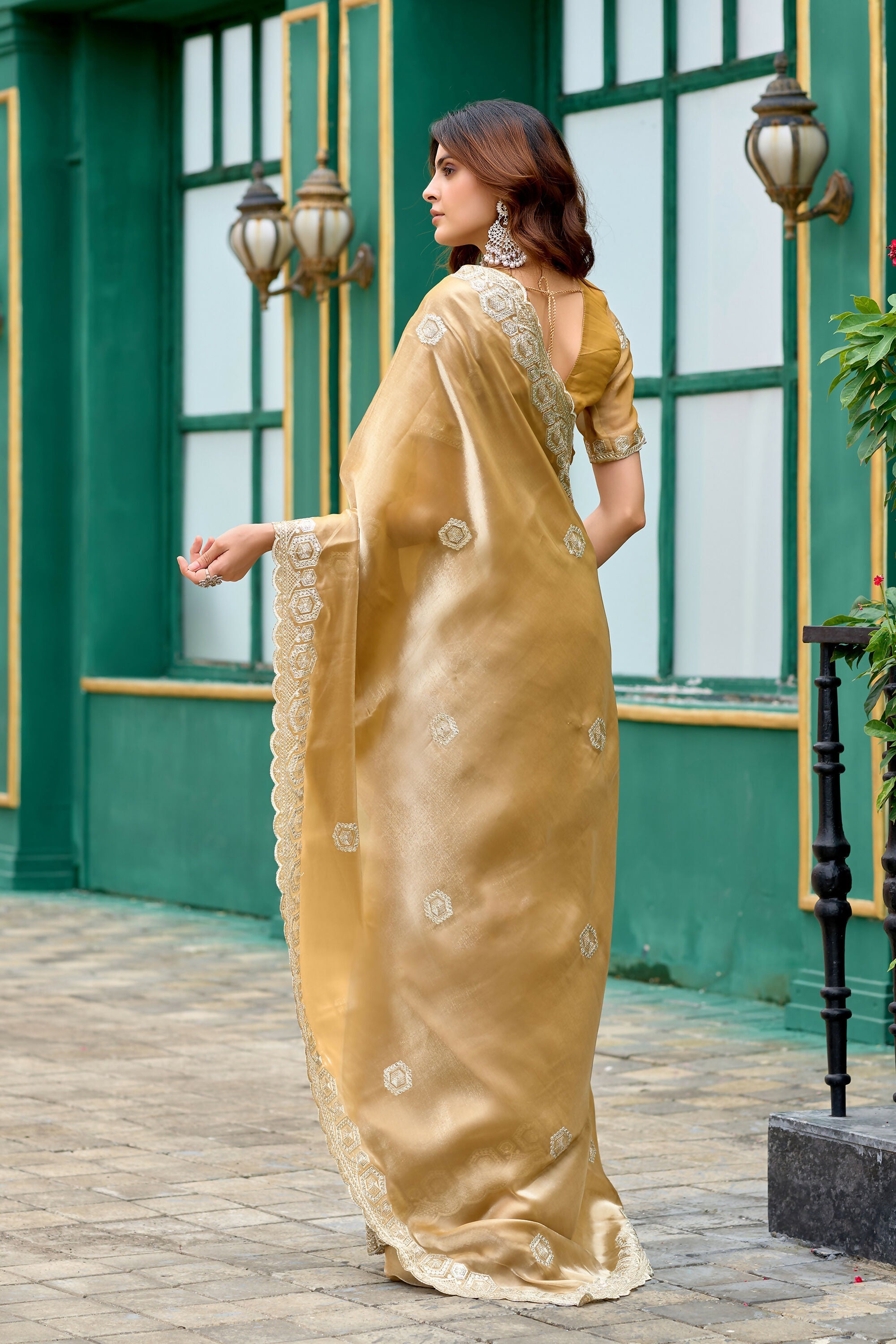 Vastranavya Beige Embroidery Work Shimmer Chiffon Saree with Unstitched Blouse - Distacart