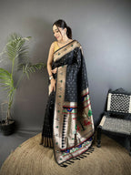Joban Fashion Black Peacock & Floral Motifs Soft Lichi Silk Kanchipuram Saree - Distacart