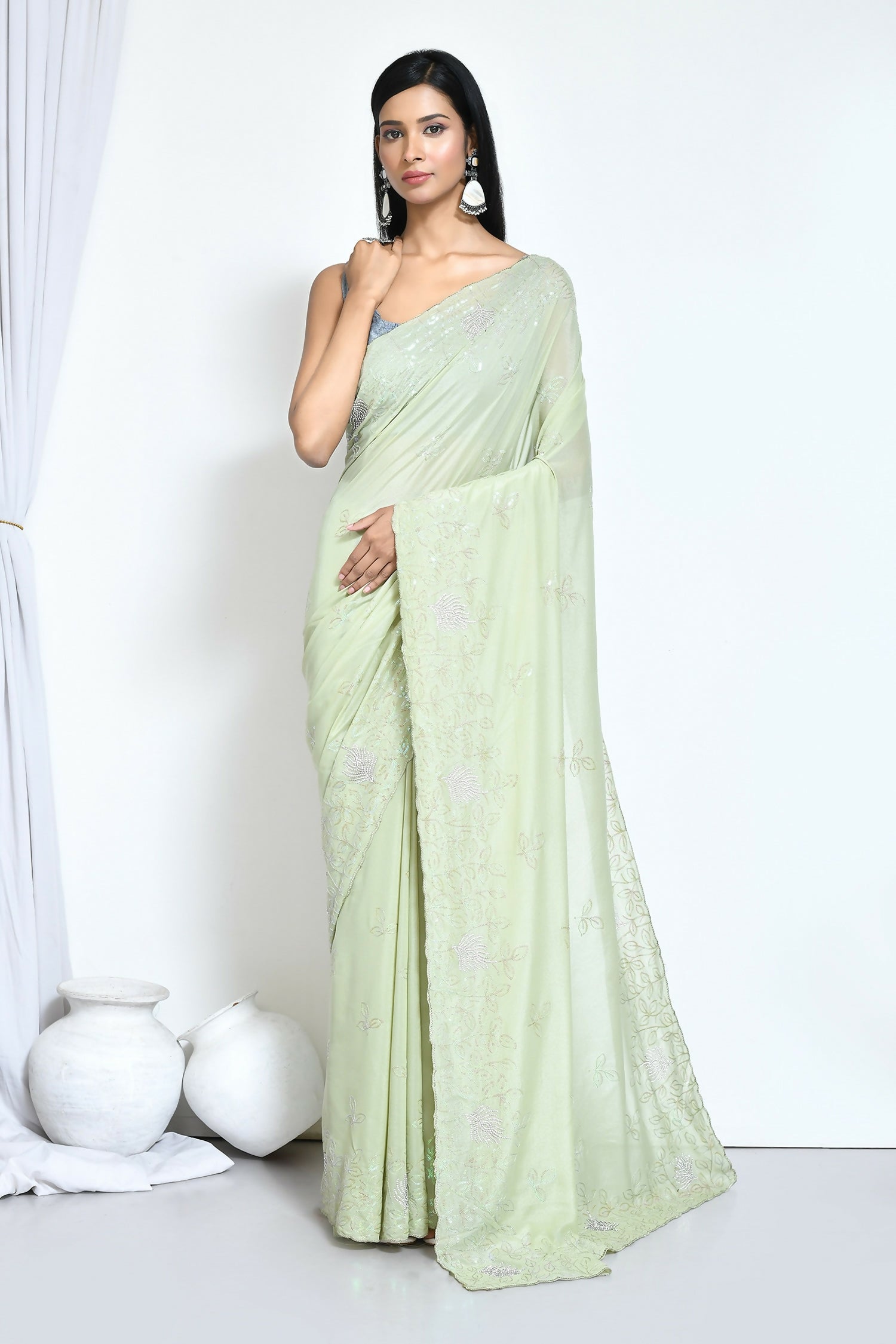 Green Crepe Silk Sequence Embroidered with Stone work Saree - Nimaya Benzy