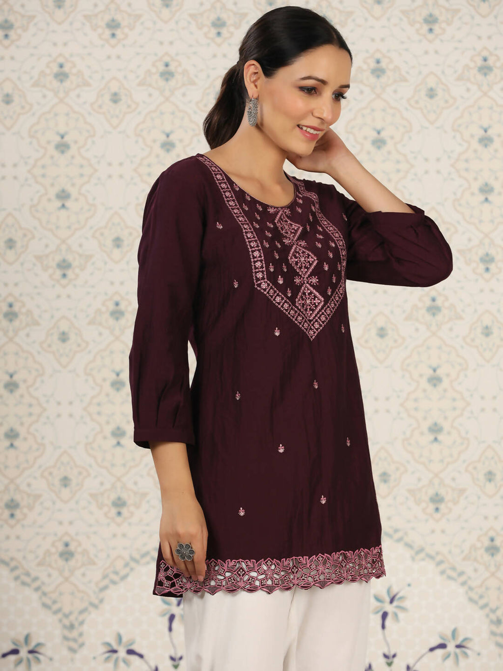 Magenta Chinon Embroidered Straight Top - Zeny