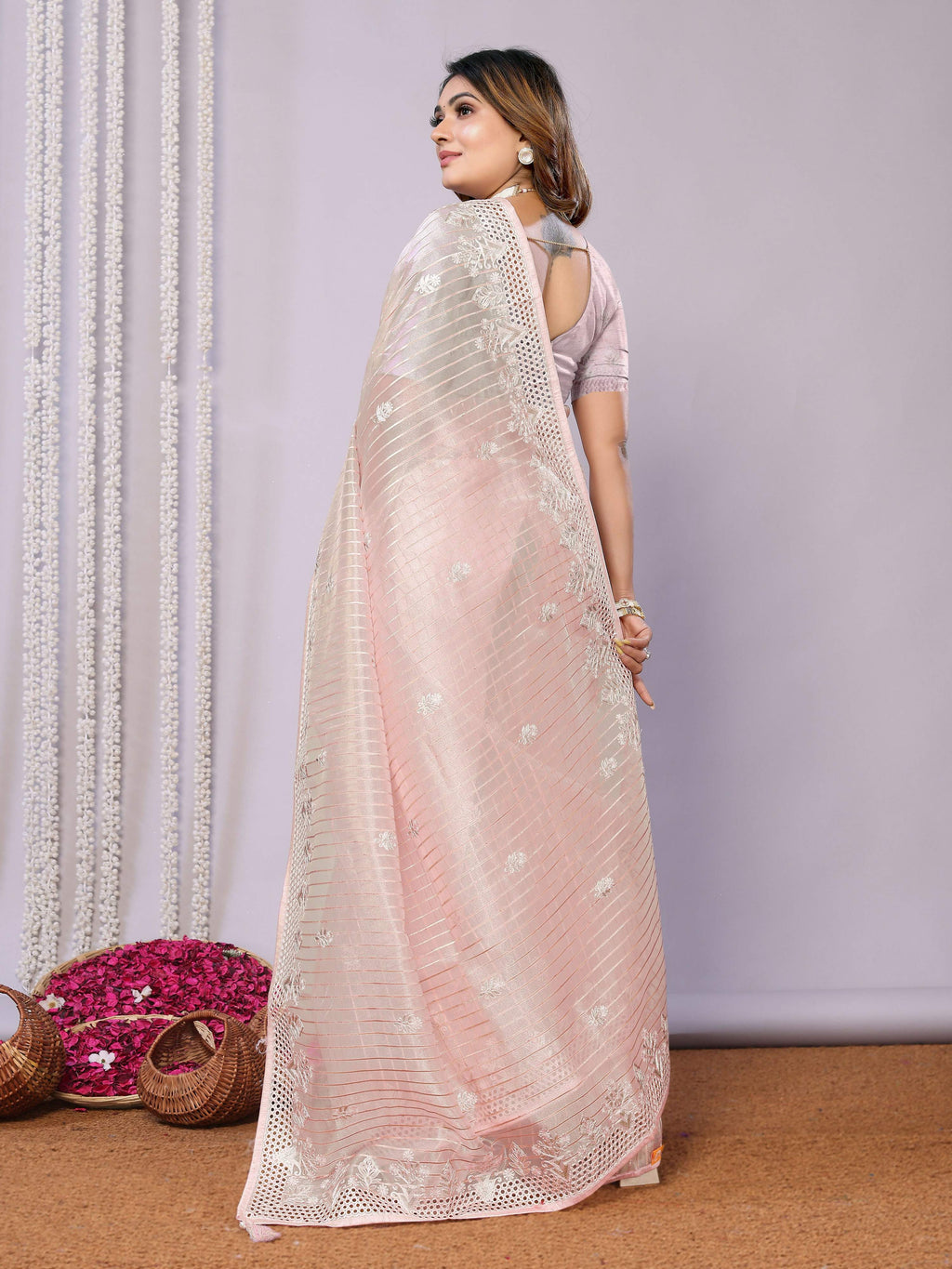 Pink Silk Embroidered Saree With Unstitched Blouse - Nimaya Kaksha