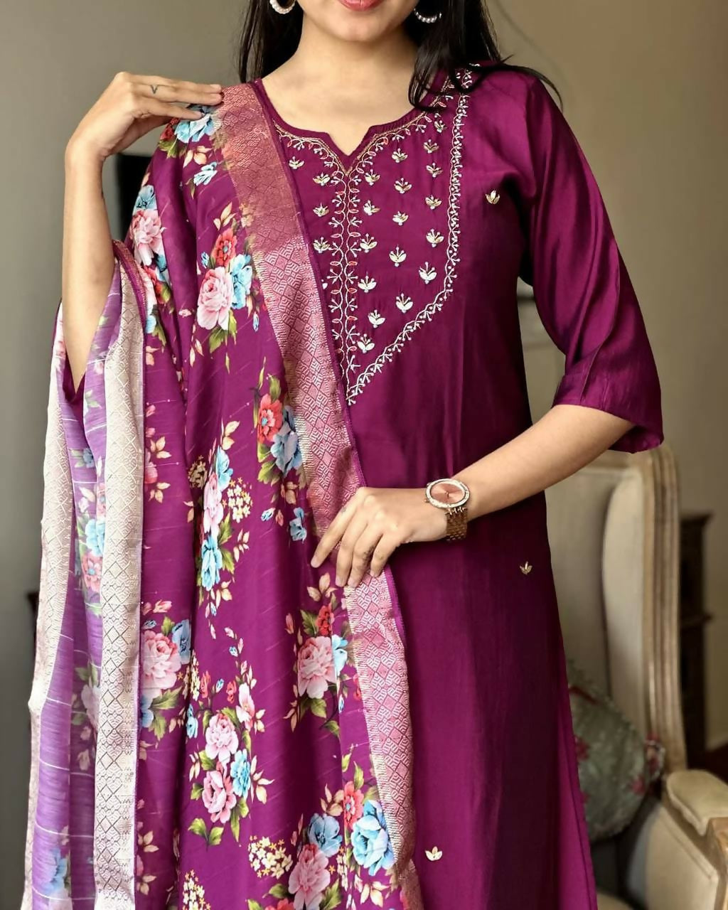 The52 Wine Women's Gorgeous Embroidered Rayon Fabric Straight Kurta Pant with Dupatta Set - Distacart
