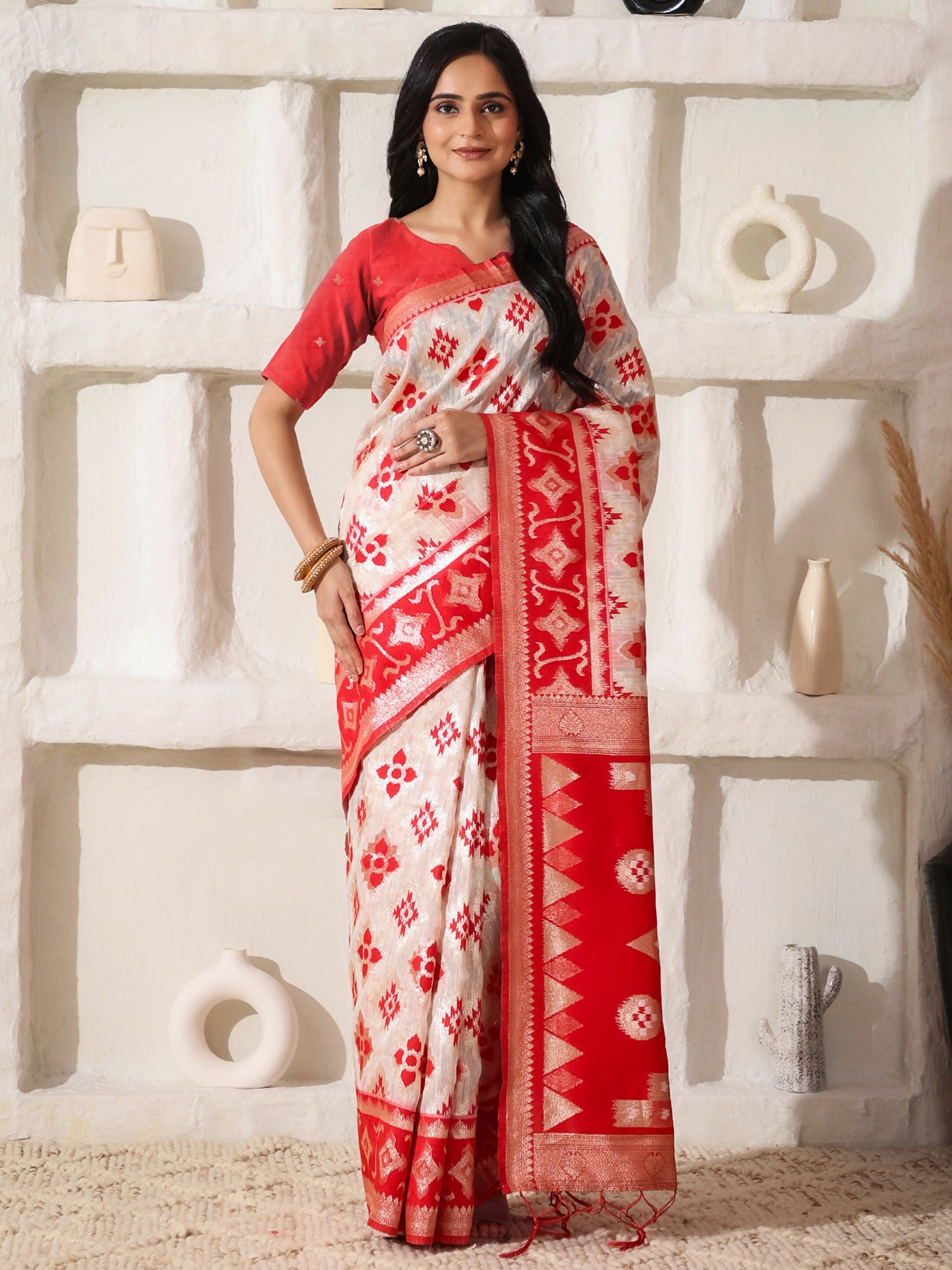 Shree Shyam Fashion Linen Cotton Red & White Saree - Distacart