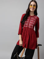 Red Rayon Yoke Embroidered A-line Top - Tarini