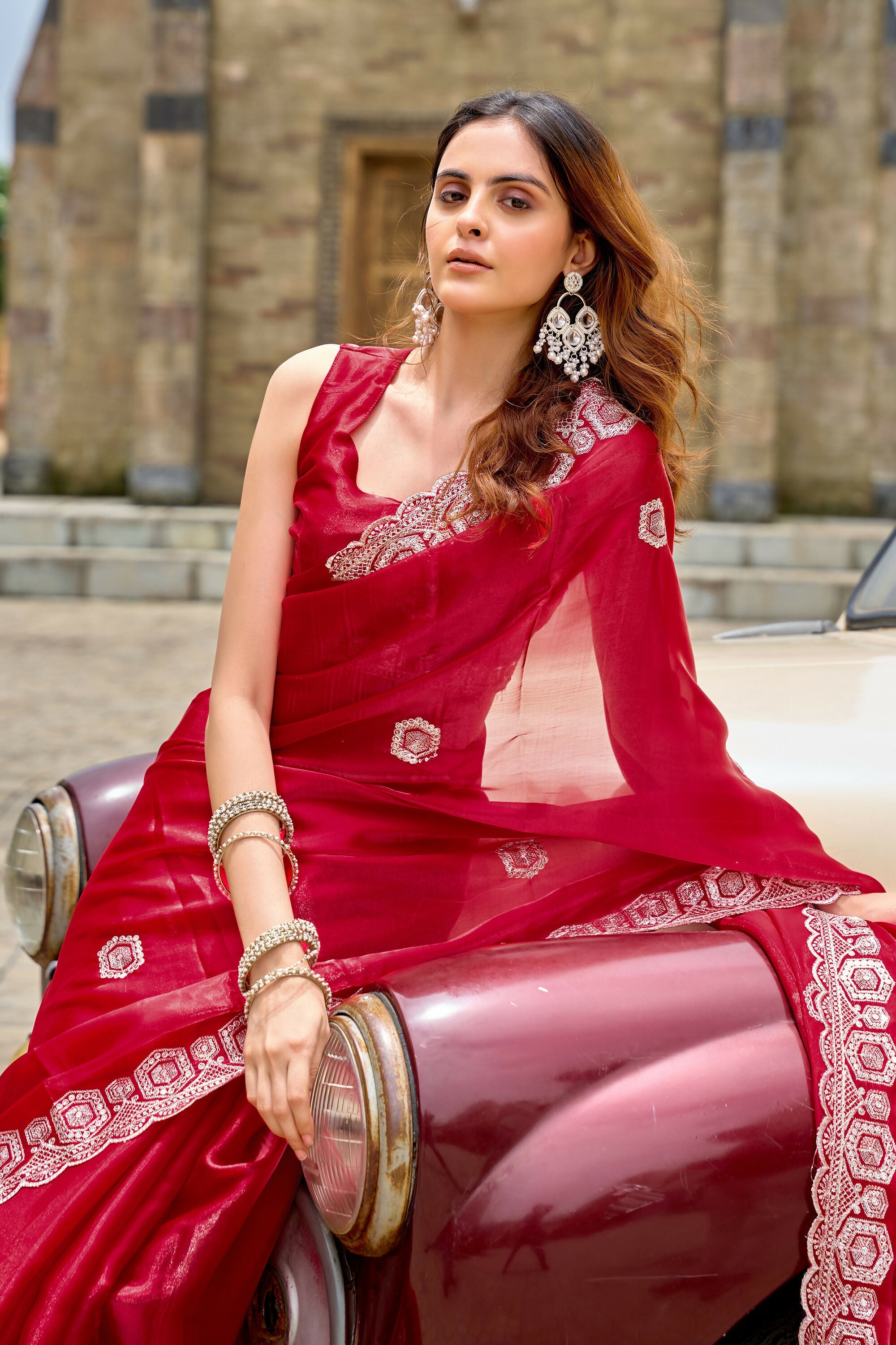 Vastranavya Red Embroidery Work Shimmer Chiffon Saree with Unstitched Blouse - Distacart