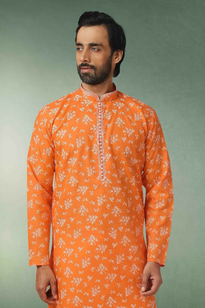 Raivat Ethnic Cotton Printed Work Kurta Pajama In Orange Colour