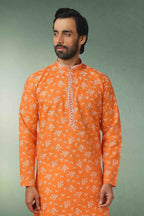 Raivat Ethnic Cotton Printed Work Kurta Pajama In Orange Colour