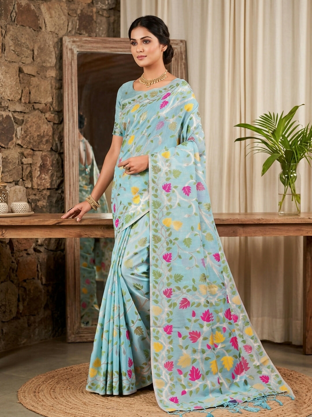 Shree Shyam Fashion Sky Blue Linen Cotton Saree - Distacart