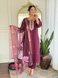 The52 Wine Women's Gorgeous Rayon Fabric Embroidered Work Straight Kurta Pant and Dupatta Set - Distacart
