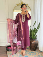 The52 Wine Women's Gorgeous Rayon Fabric Embroidered Work Straight Kurta Pant and Dupatta Set - Distacart