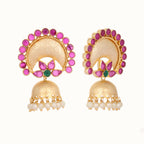 Nuyug 22K Gold Plated Ruby & Pearl Studded Dome Shaped Jhumkas - Distacart