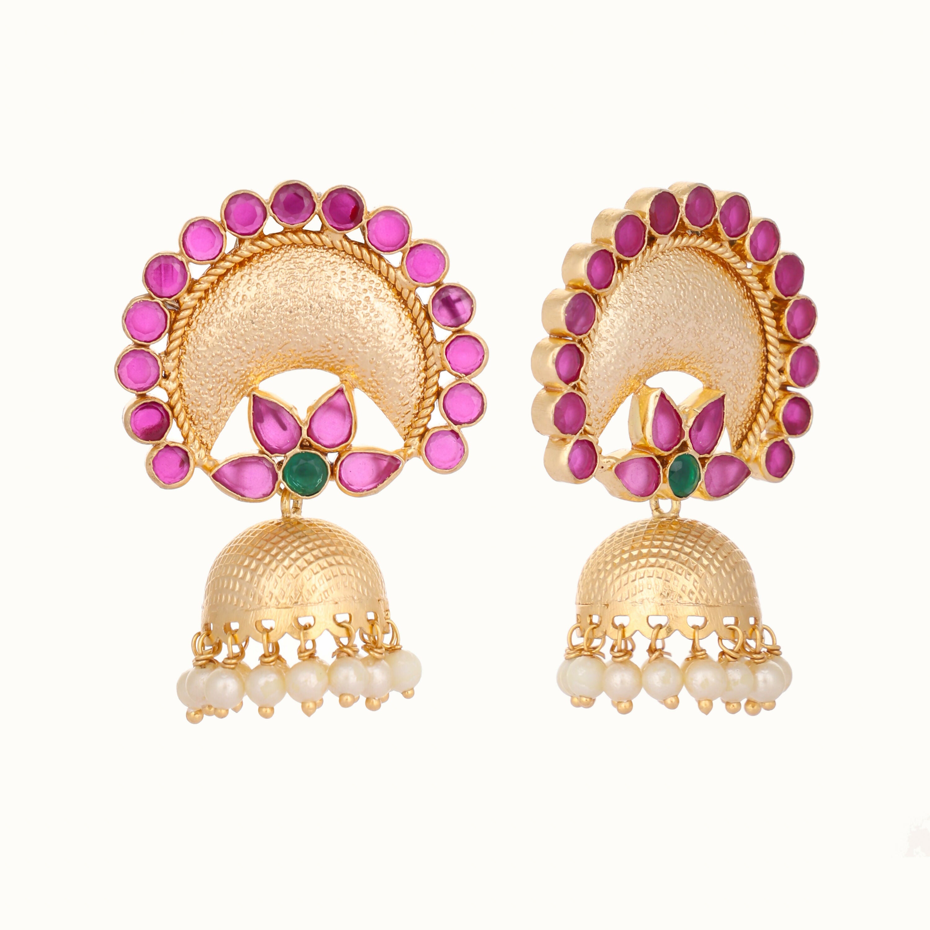 Nuyug 22K Gold Plated Ruby & Pearl Studded Dome Shaped Jhumkas - Distacart
