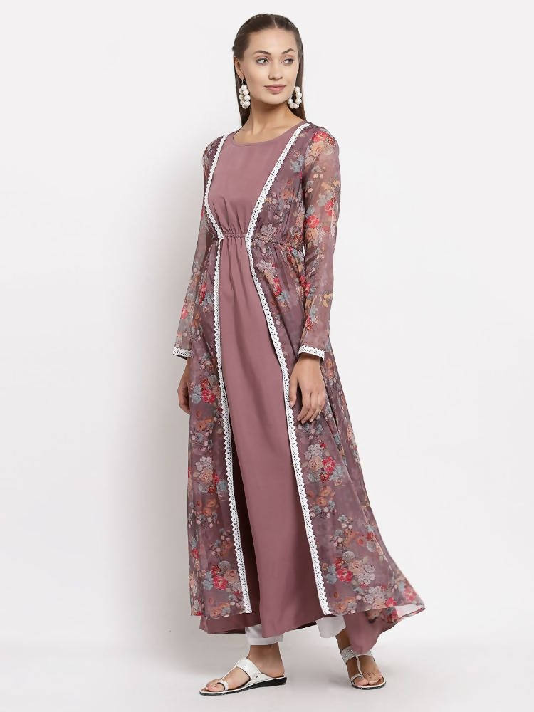Myshka Women's Multi Organza Printed Full Sleeve Round Neck Casual Maxi Dress