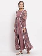 Myshka Women's Multi Organza Printed Full Sleeve Round Neck Casual Maxi Dress