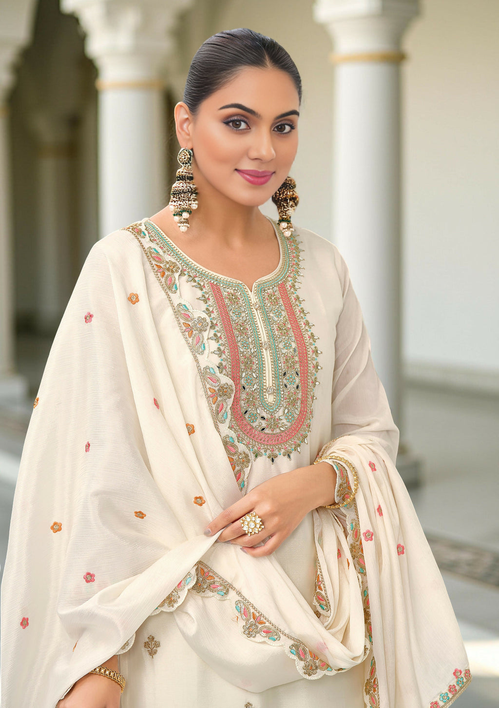 Ethnic Festive Wear White Primium Chinon Fabric Stitched Suit With Dupatta - Zeeya