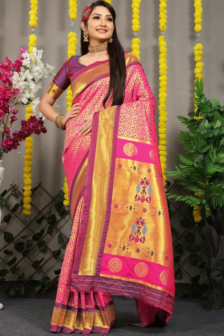 Jyoti Fashion Women's Pink Banarasi Silk Zari Woven Saree with Blouse