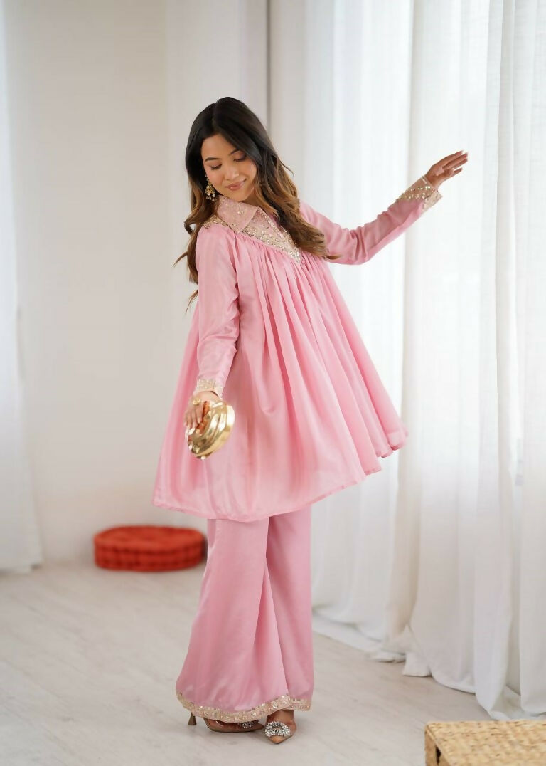 Teeya Creation Baby Pink Heavy Chinnon Silk Embroidery Work Plazo pair - Distacart