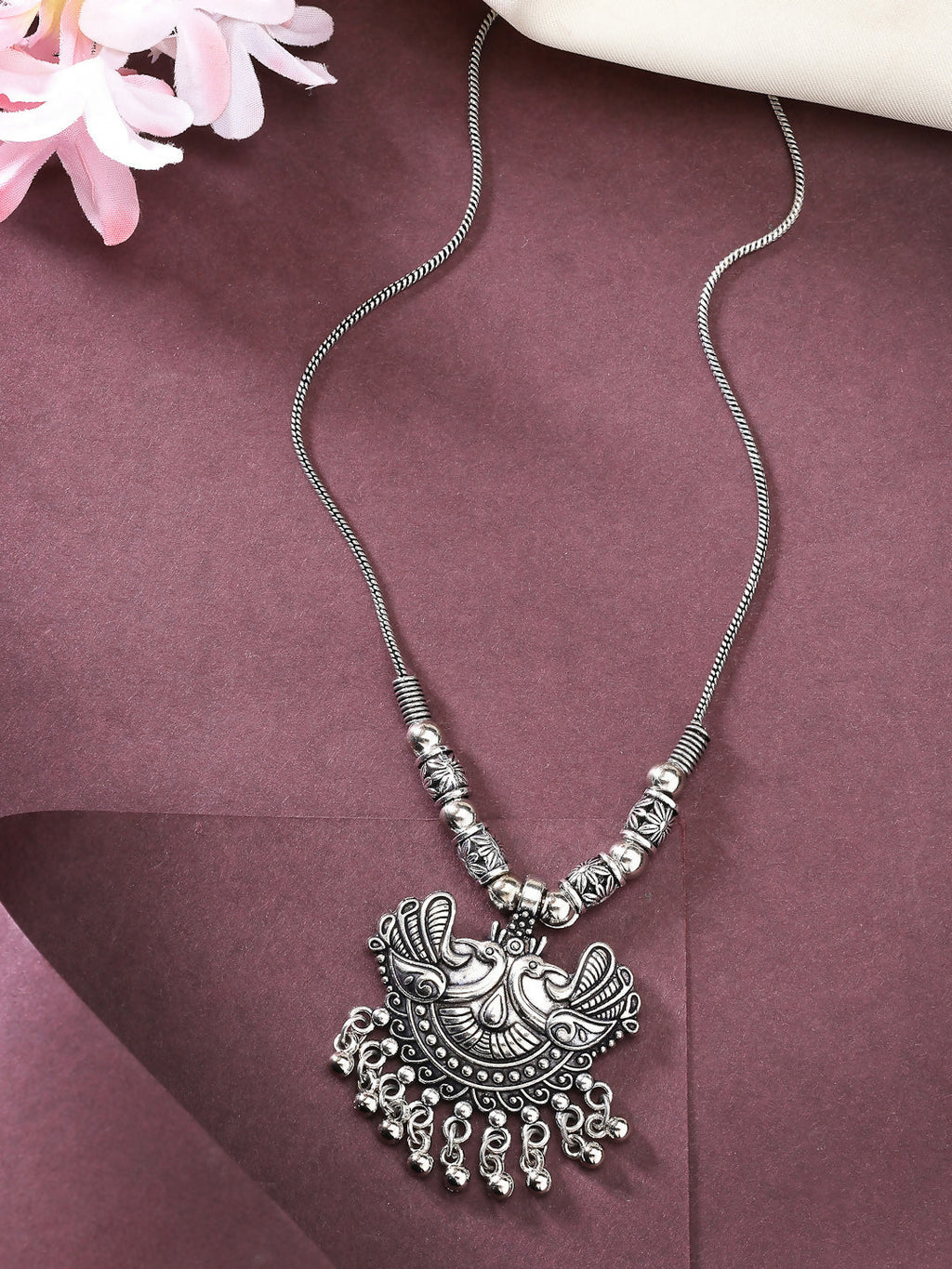 NVR Women's Silver-Toned Peacock Design Pendant with Chain