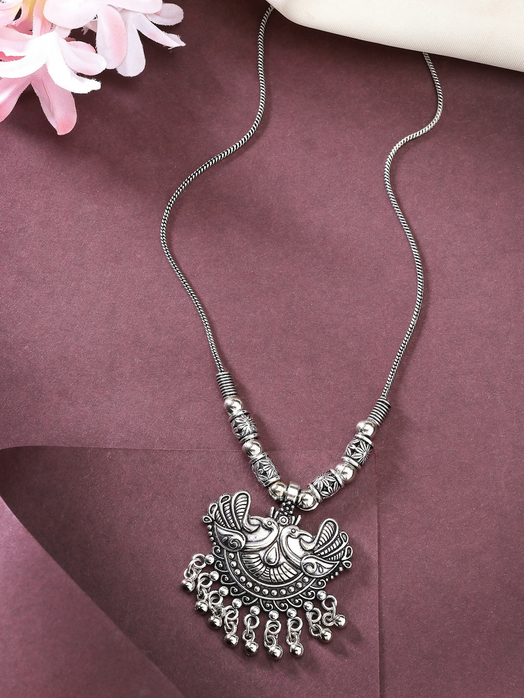 NVR Women's Silver-Toned Peacock Design Pendant with Chain